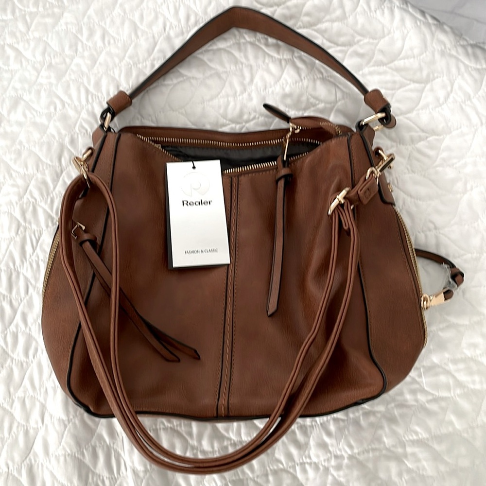 NWT Realer handbag brown and gold zip enclosure